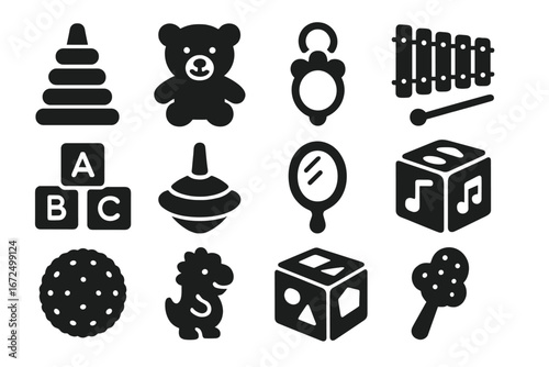 Solid Style Baby Toys. Solid style icons of baby toys: stacking rings, plush bear, teething toy, xylophone, toy blocks, spinning