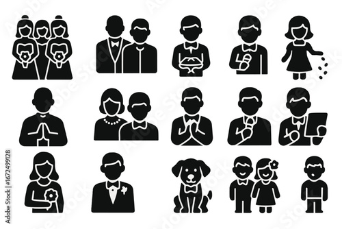 Wedding Guests Icons. Solid style icons of wedding guests and roles: bridesmaids, groomsmen, ring bearer, flower girl, officiant,