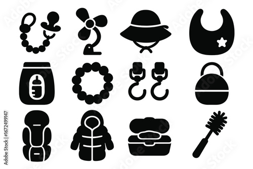 Baby Accessories Icons. Solid style icons of baby accessories: pacifier clip, stroller fan, sunhat, soft bib, bottle warmer,