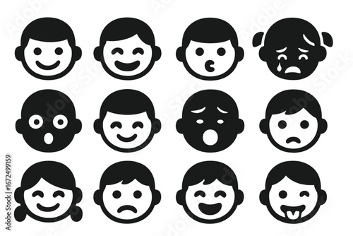 Expressive Kids Icons. Solid style icons of kids’ faces and expressions: smiling child, laughing face, pouting lips, crying tears,