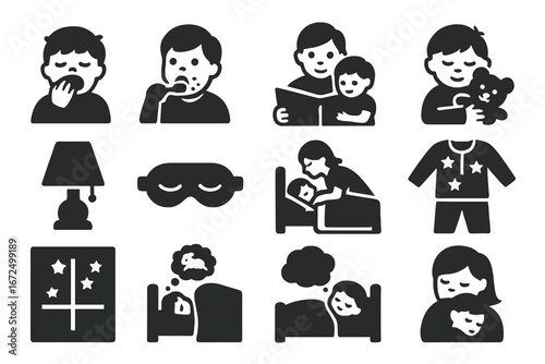 Kids' Bedtime Icons. Solid style icons of kids’ bedtime: yawning child, brushing teeth, bedtime story, cuddling teddy, night lamp,