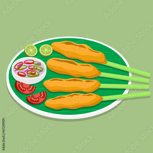 Vector illustration of local Indonesian food Balinese Sate Lilit
