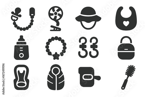 Baby Accessories Icons. Solid style icons of baby accessories: pacifier clip, stroller fan, sunhat, soft bib, bottle warmer,