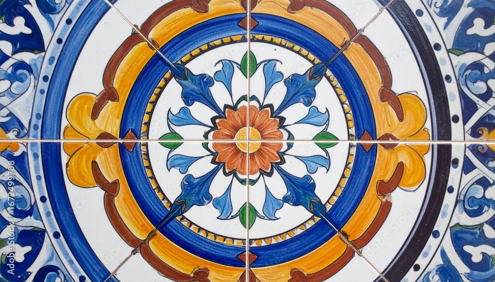 Obraz premium Detailed Blue Yellow and Brown Ceramic Tile Mosaic Pattern with Floral Motifs