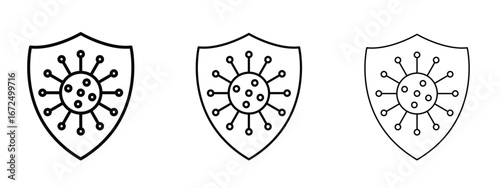 Virus protection shield icon in outline stroke style symbol.