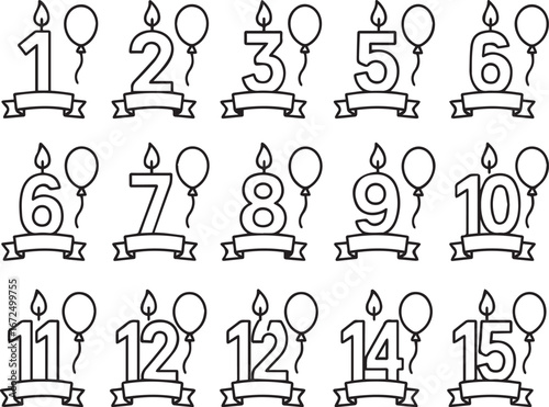 Birthday Candles with Numbers 1-15 and Balloons