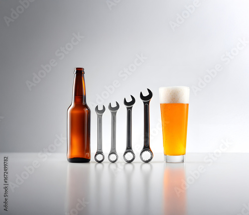 A witty and minimalistic conceptual image featuring a lineup of a brown beer bottle, four metal wrenches of increasing size, and a pint of frothy beer, all placed in perfect alignment on a reflective 