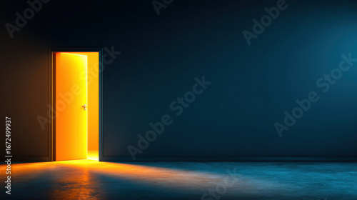 Glowing orange door stands ajar in dark room, casting warm light onto cool floor, creating striking contrast between light and shadow, evoking sense of mystery and possibility