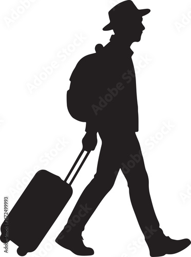 Black silhouette of a person wearing a hat and backpack walking with a wheeled suitcase travel