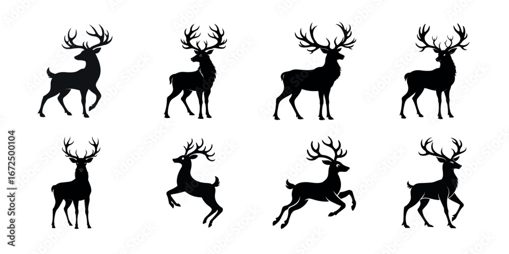 Fototapeta premium Collection of Eight Black Deer Silhouettes in Various Poses