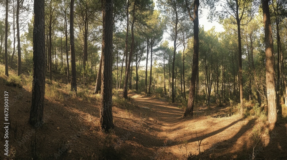 Fototapeta premium Pine trees lining a woodland path on a sunny day.