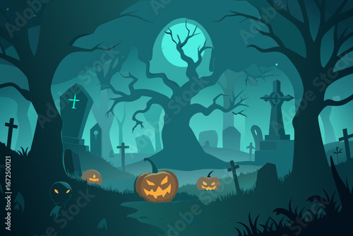 Spooky halloween graveyard scene with jack o lanterns and full moon