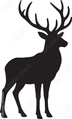 Black silhouette of a stag with large antlers standing on a white background deer