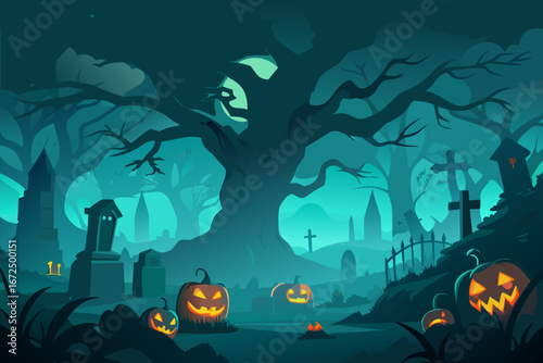 Spooky halloween night with carved pumpkins in a haunted cemetery