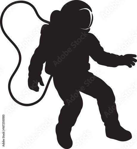 Black silhouette of an astronaut floating with a tether space