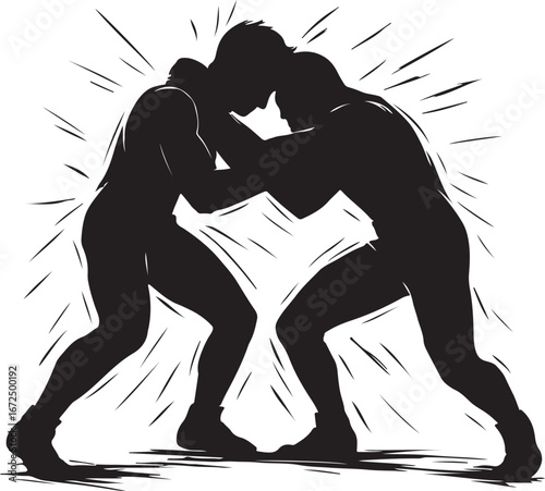 Black silhouette of two wrestlers grappling with intense focus and dynamic lines wrestling sport