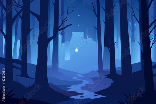 Enchanted forest with a glowing orb and winding stream