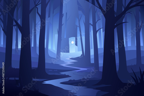 Enchanting blue forest path under a mysterious moonlit sky