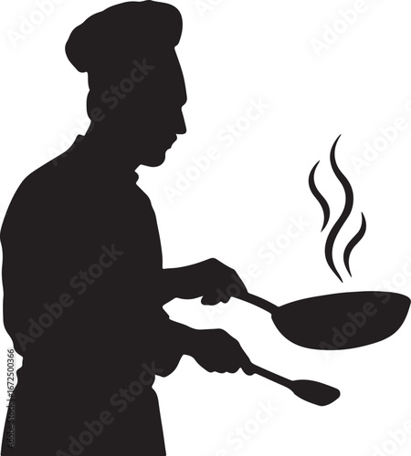 Black silhouette of a chef cooking with a pan and spatula with steam rising black and white
