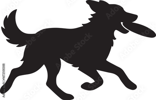 Black silhouette of a dog running with a frisbee in its mouth playing