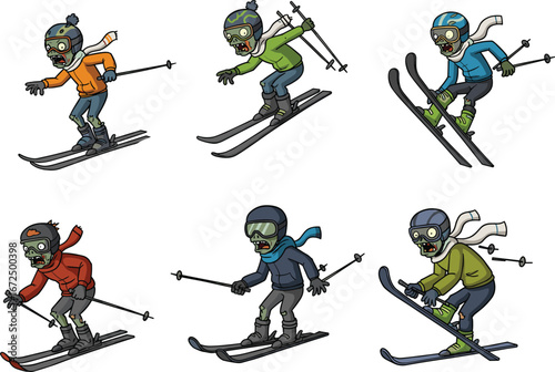 Cartoon zombie skiing characters in colorful winter gear, funny undead skiers on slopes with ski poles and helmets, Halloween theme