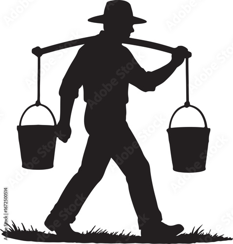 Black silhouette of a man wearing a hat carrying two buckets on a yoke across his shoulders walking on grass