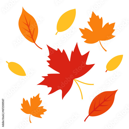 Autumn leaves falling in various colors and shapes