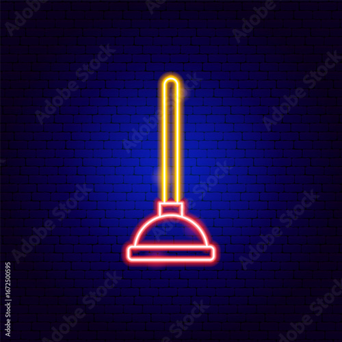 Plunger Neon Sign. Vector Illustration of Bright Plumber Object in Glowing Style. Plumbing Tool Led Lamp Icon over Dark Blue Brick Background.