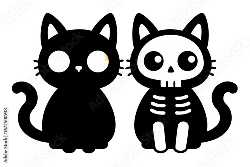 Cute cartoon skeleton with cat eyes on black background