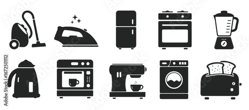 Household Kitchen and Home Appliance Vector Icon set. Kitchen, Cleaning, and Home Equipment Silhouette black vector Illustrations.