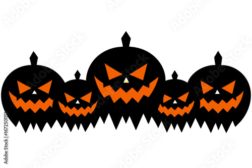 Five spooky jack o lantern faces on black background