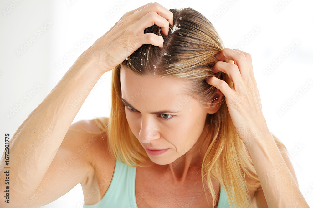 Naklejka premium Woman applying treatment to scalp blonde hair