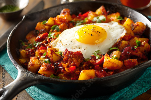 Hearty potato and chorizo hash breakfast skillet with sunny-side egg