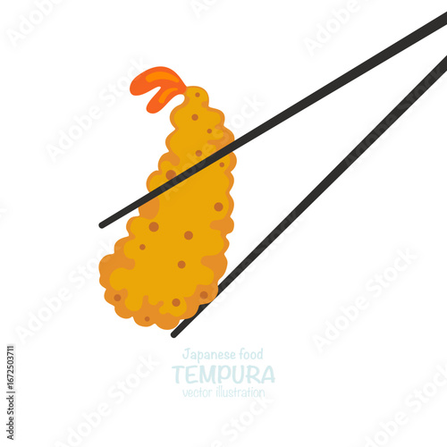 Cute vector illustration of Japanese tempura shrimp with golden, crispy fried batter, isolated on a white background, suitable for Asian food design, restaurant menus, packaging, and food decoration.