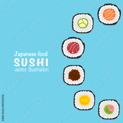 Set of different types of sushi vector illustration. Delicious food. Popular Japanese food. Nigiri sushi. Raw fish on rice. Recipe. Cooking. Menu. Restaurant. For food design, poster and background.