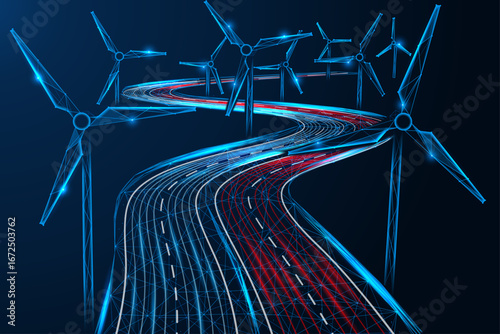 A highway with wind power generators. Energy and eco-friendly technologies of the future. Low-poly design of interconnected elements, blue background.