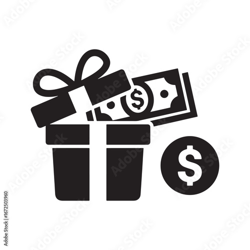 Gift of money: financial reward and bonus icon in black and white