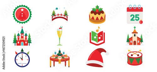 Festive Christmas Icons Set with Traditional Holiday Symbols and Decorations