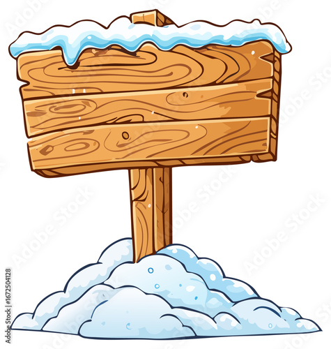 Snow covered wooden sign on sign post with room for text 