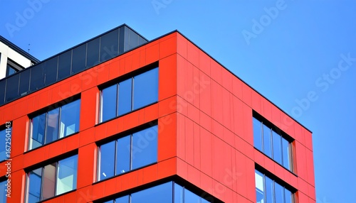 Bold red office building against a clear sky, contemporary architectural design