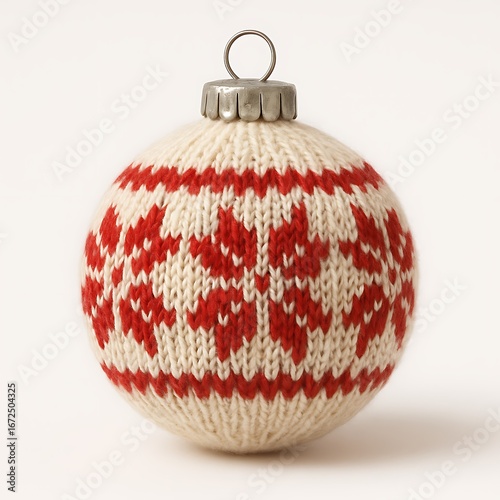 Knitted New Year's ball — scandi ornament, red and white Christmas tree toy