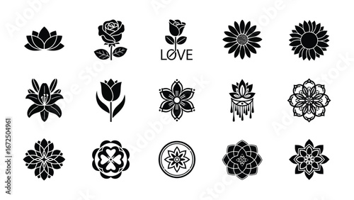 Elegant Floral Designs: A stunning array of elegant flower icons, rendered in a sleek black and white aesthetic. Showcasing delicate petals and intricate patterns. Ideal for design projects.