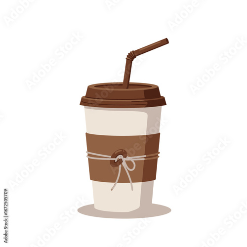 Artistic Takeaway Coffee Cup Illustration with Straw and Rustic Detail. Flat Design Isolated Beverage