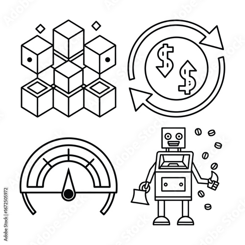 Set of four line art icons depicting financial concepts and automation, including stacked cubes, currency exchange, a gauge, and a robot with coins, isolated on white background
