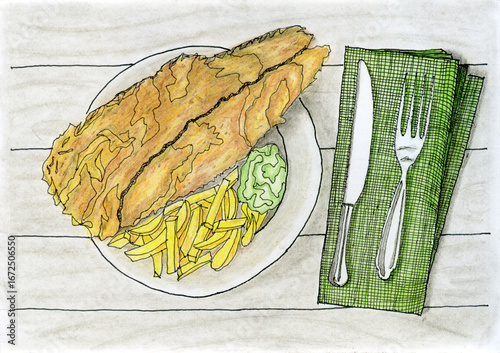 Hand-Drawn Fish and Chips with Mushy Peas Illustration