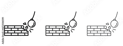 Demolition icon in outline stroke style symbol.
