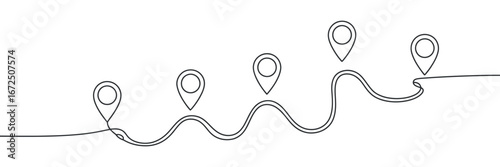 Continuous Line Drawing of a Route with Location Pins Marking Destinations on a Winding Path Vector Art