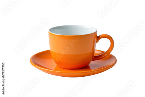 Orange ceramic cup and saucer isolated on transparent background