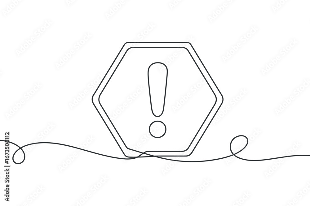 Fototapeta premium One Line Drawing of Exclamation Mark in Hexagon - Continuous Line Vector on Transparent Background for Design