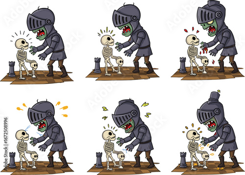 Zombie knight and skeleton playing chess, undead battle, spooky medieval chess game, Halloween zombie knight, skeleton chess pieces, eerie chess duel